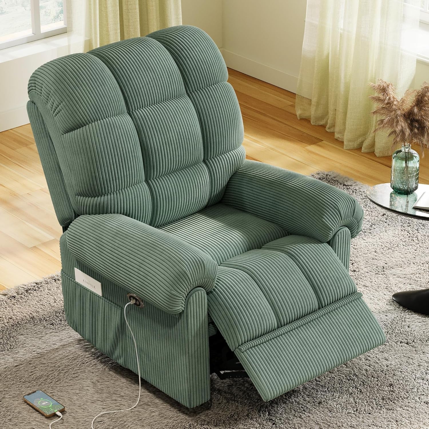 Upgraded 2024 New Power Recliner Chair for Adults, Adjustable Electric Chair Power Reclining Sofa, USB Port, Ultra-Comfy Corduroy Recliner for Living Room, Tool-Less Assembly Single Sofa Green-0