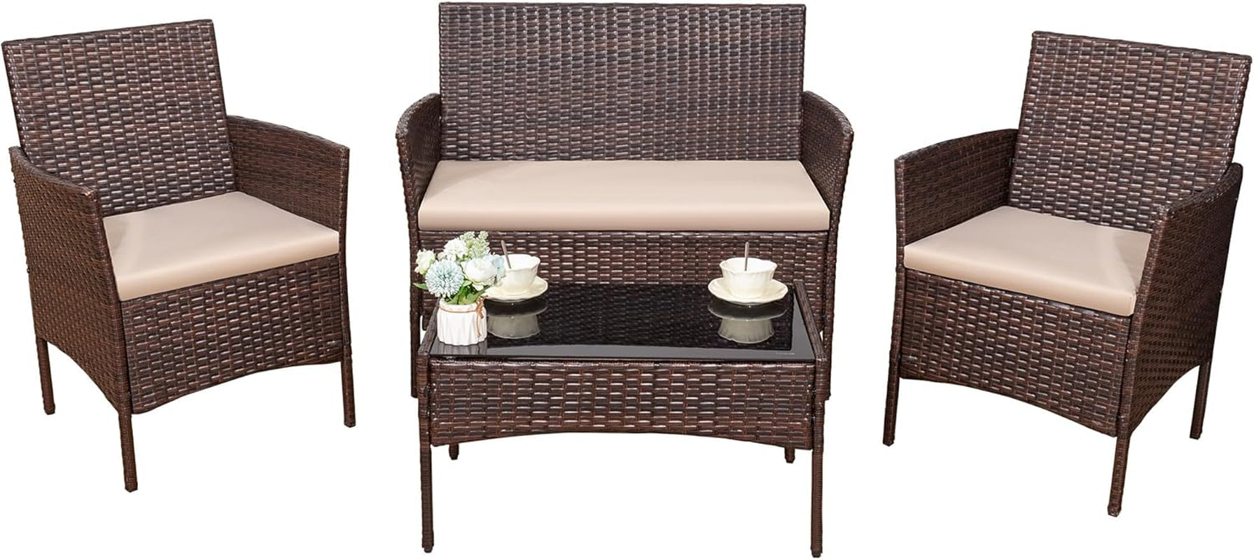 4 Pieces Outdoor Patio Furniture Set, PE Rattan Wicker Chairs Balcony Lawn Porch Patio Furniture Sets with Beige Cushion and Table (Brown)-0