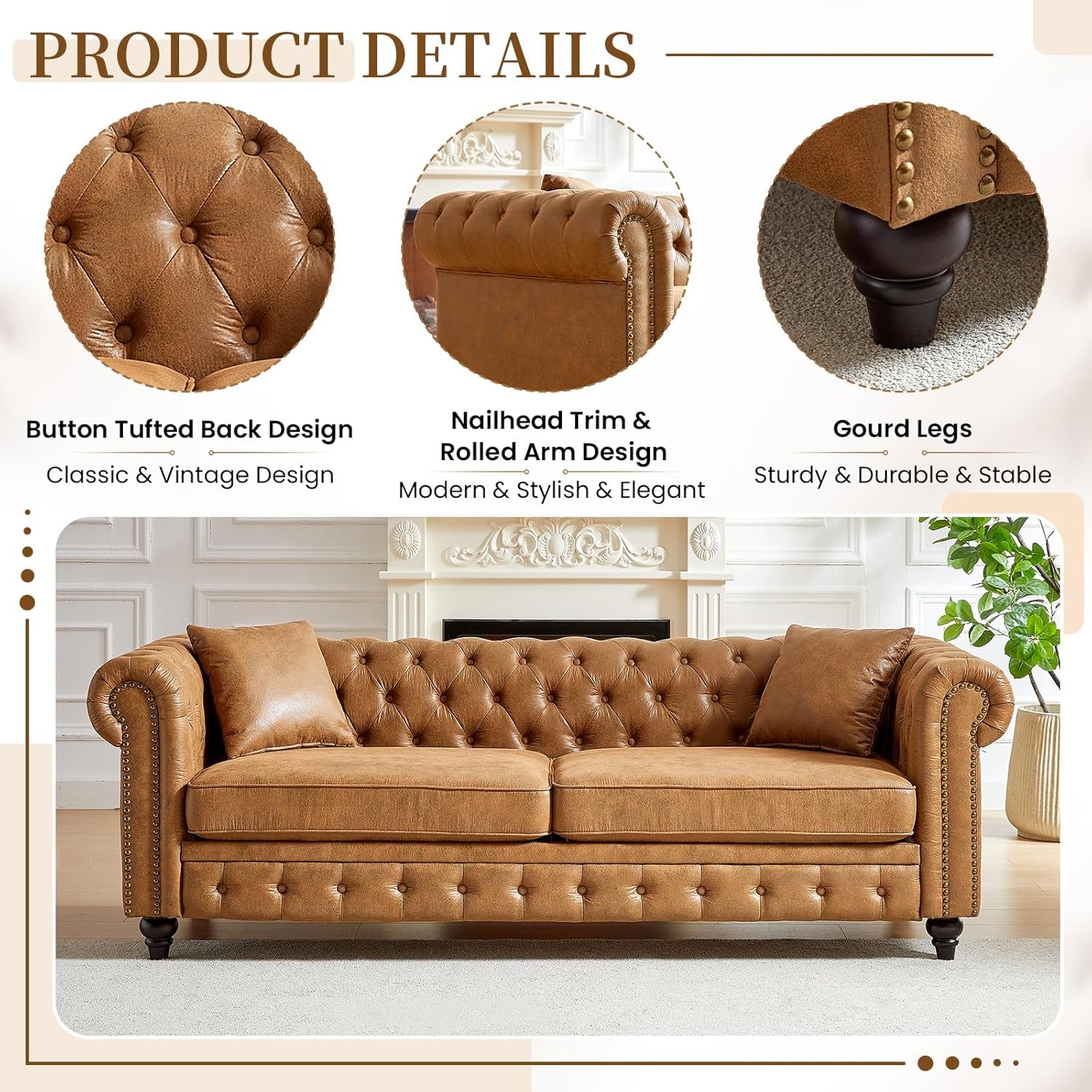2 Piece Living Room Sofa Set,Button Tufted Couch and Loveseat Set with Nailhead Trim&Roll Armrest,Upholstered Mid Century Modern Couch,Chesterfield Sofa for Living Room,Office(Loveseat+3 Seater,Brown)-3