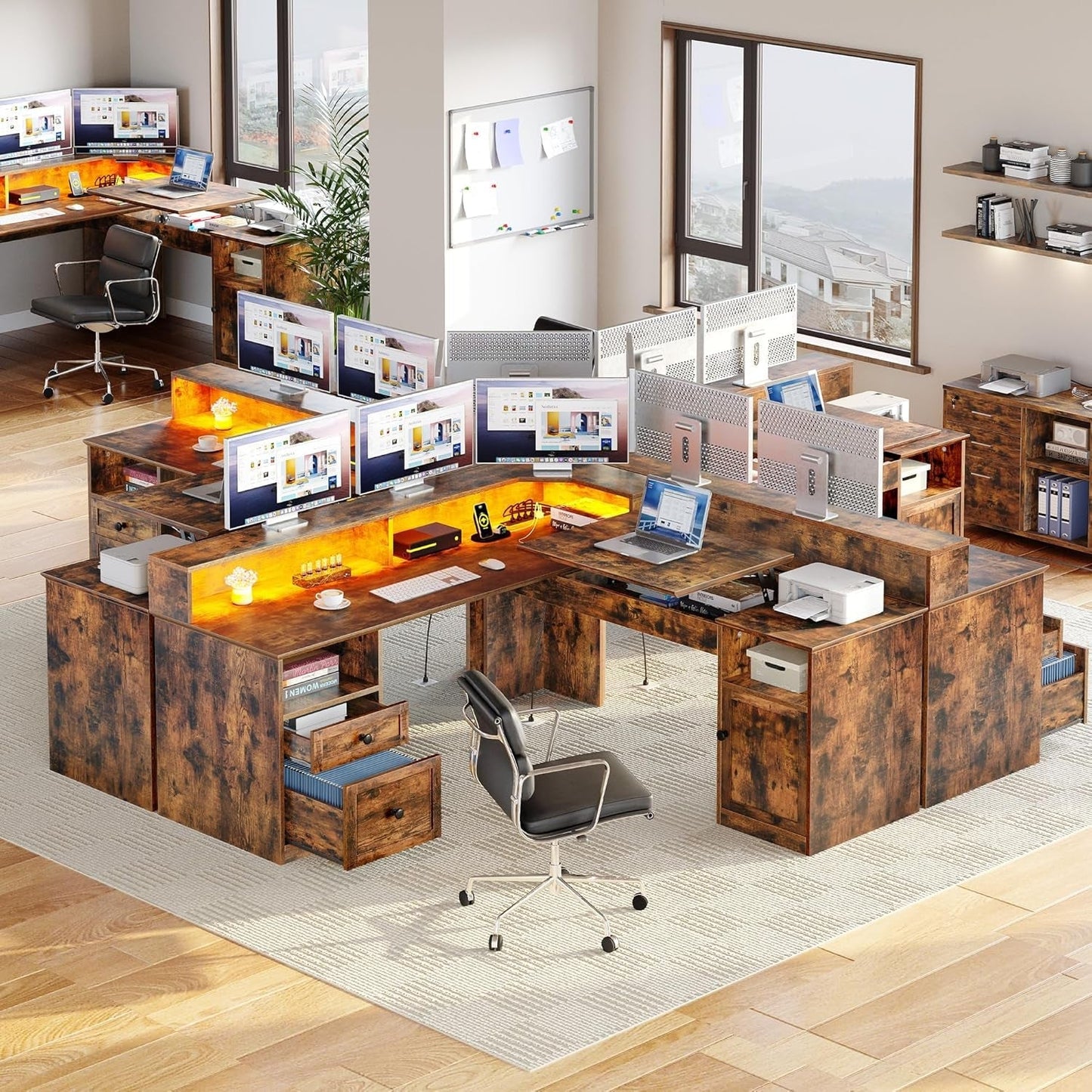 L Shaped Desk with Power Outlets & LED Lights, 60” Corner Computer Desk with Drawers & Lift Top, Home Office Desk with Monitor Stand & File Cabinet, Wood Height Adjustable Desk, Rustic Brown-2