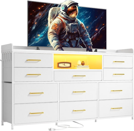 Dresser TV Stand with 11 Drawers for 60" TV Stand for Bedroom with LED Lights & Power Outlets Long Dresser for Bedroom with Shelves & 4 Hooks Sturdy Metal Frame & Wood Top, White-0