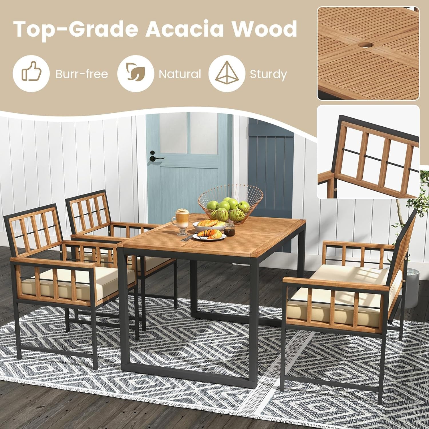 4 Piece Patio Dining Set, Outdoor Wood Dining Furniture W/ 2 Chairs & 1 Loveseat, 47” Acacia Wood Table W/Umbrella Hole, Cozy Seat Cushions, outside Furniture Set for Backyard, Poolside-4