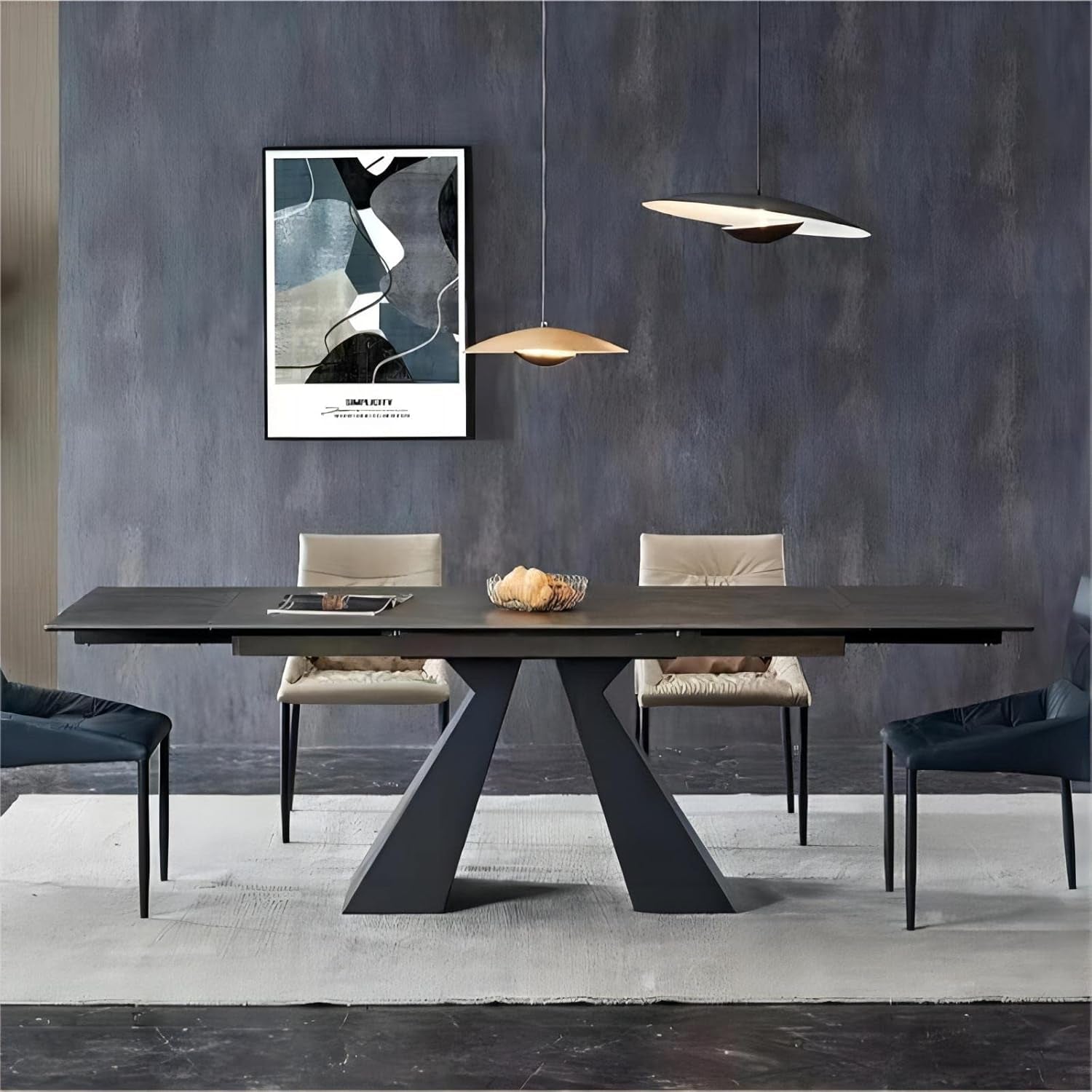 Extendable Dining Table for 8-12 Seat, Flexible Stretch, Tabletop Made from Rock Plate and Tempered Glass, Solid Carbon Steel Base, 35.4" D X 94.5" W X 30" H, Dark Grey-2