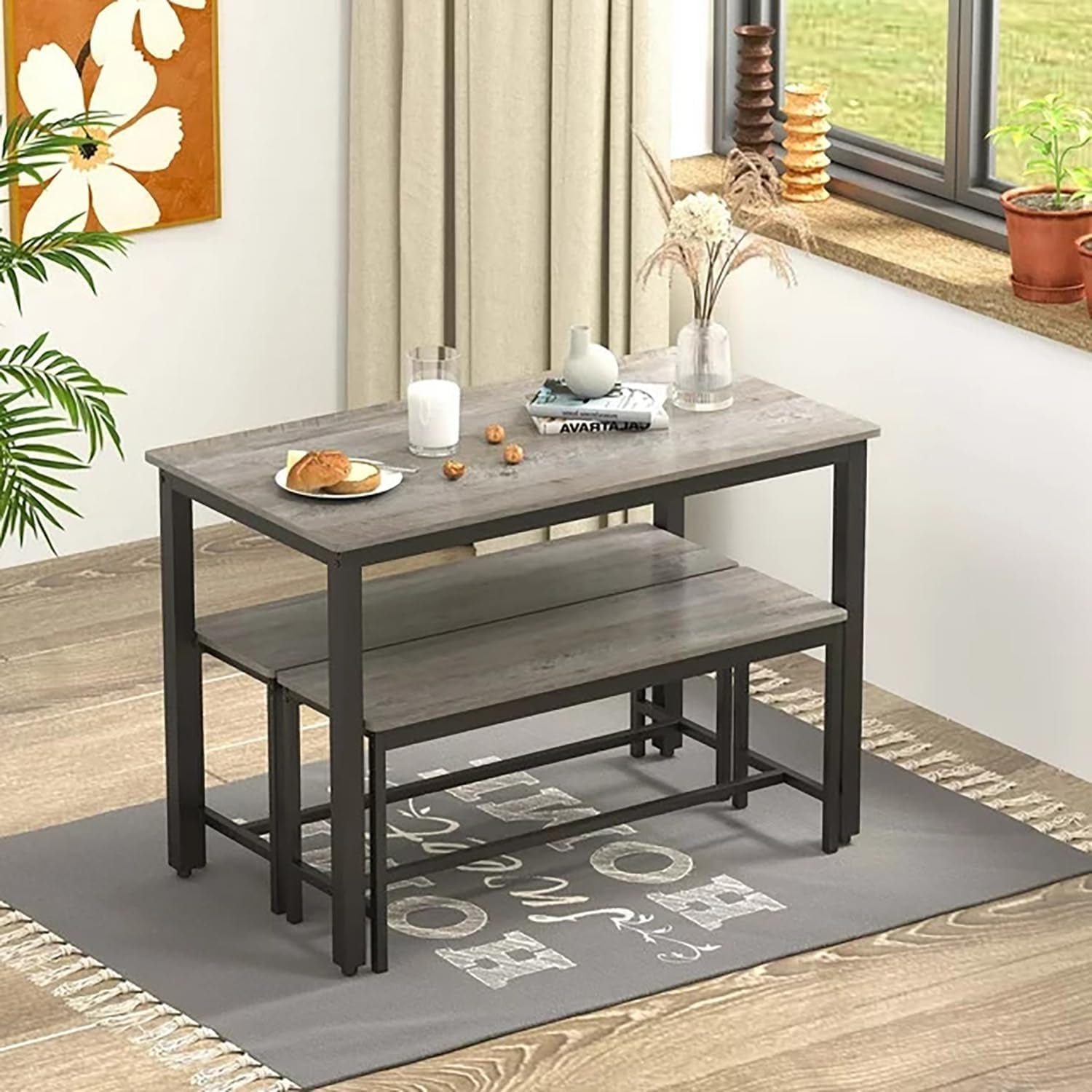 Dining Table Set for 4, Kitchen Room Table Set with 2 Benches, 3-Piece Dining Chairs Set for Breakfast Nook, Grey-4