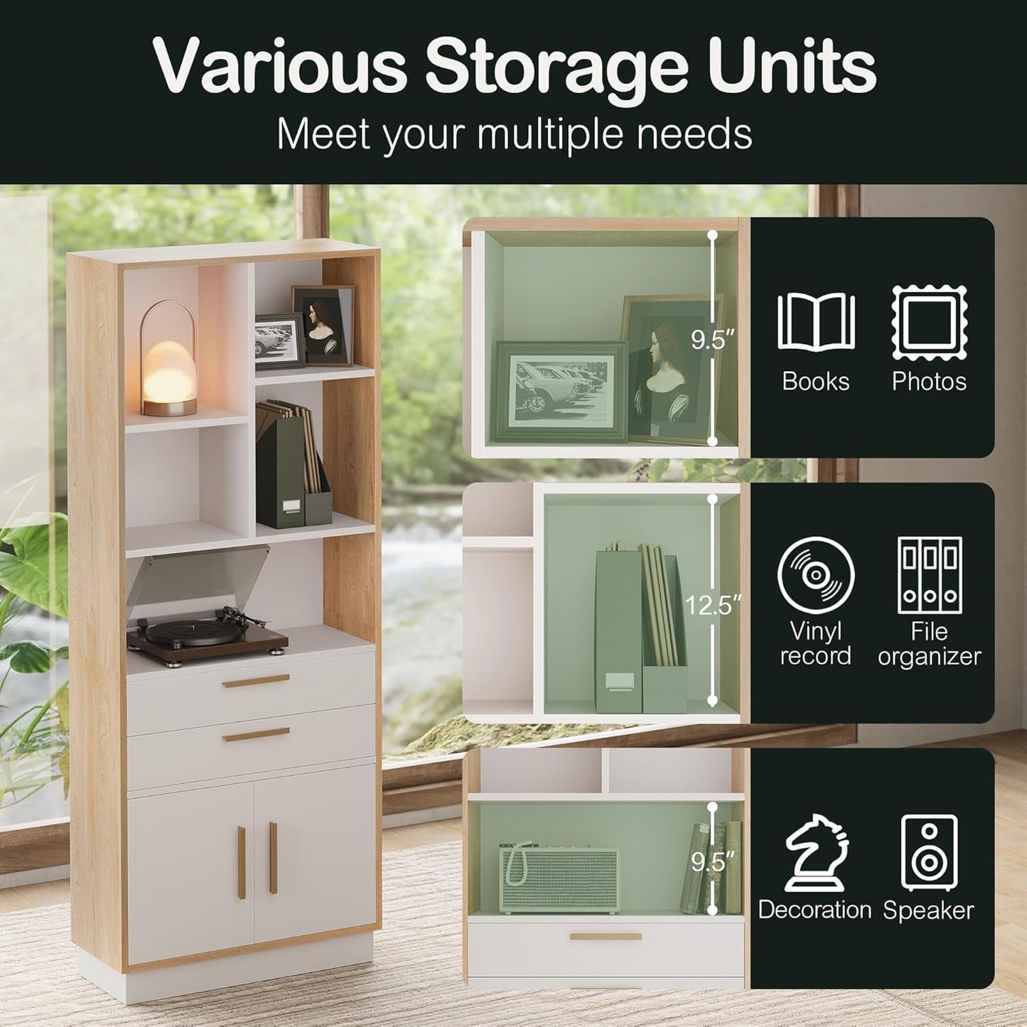 Book Shelf with Storage, Tall Bookshelf with 2 Drawers and Doors, Modern Bookcase with 5 Open Cubes, Wooden Bookshelf for Home and Office, Living Room, Study, Light Walnut-2