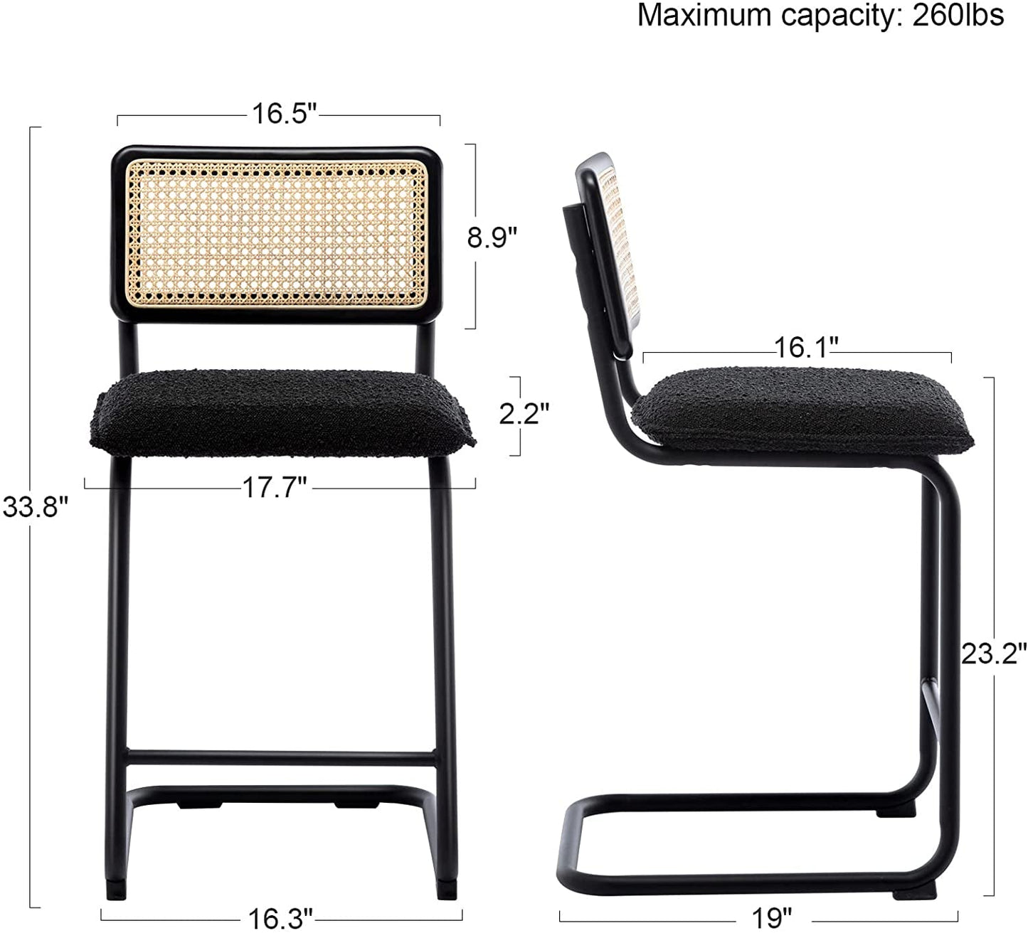 Black Boucle Rattan Counter Stool Set of 2 with Cane Backrest-2