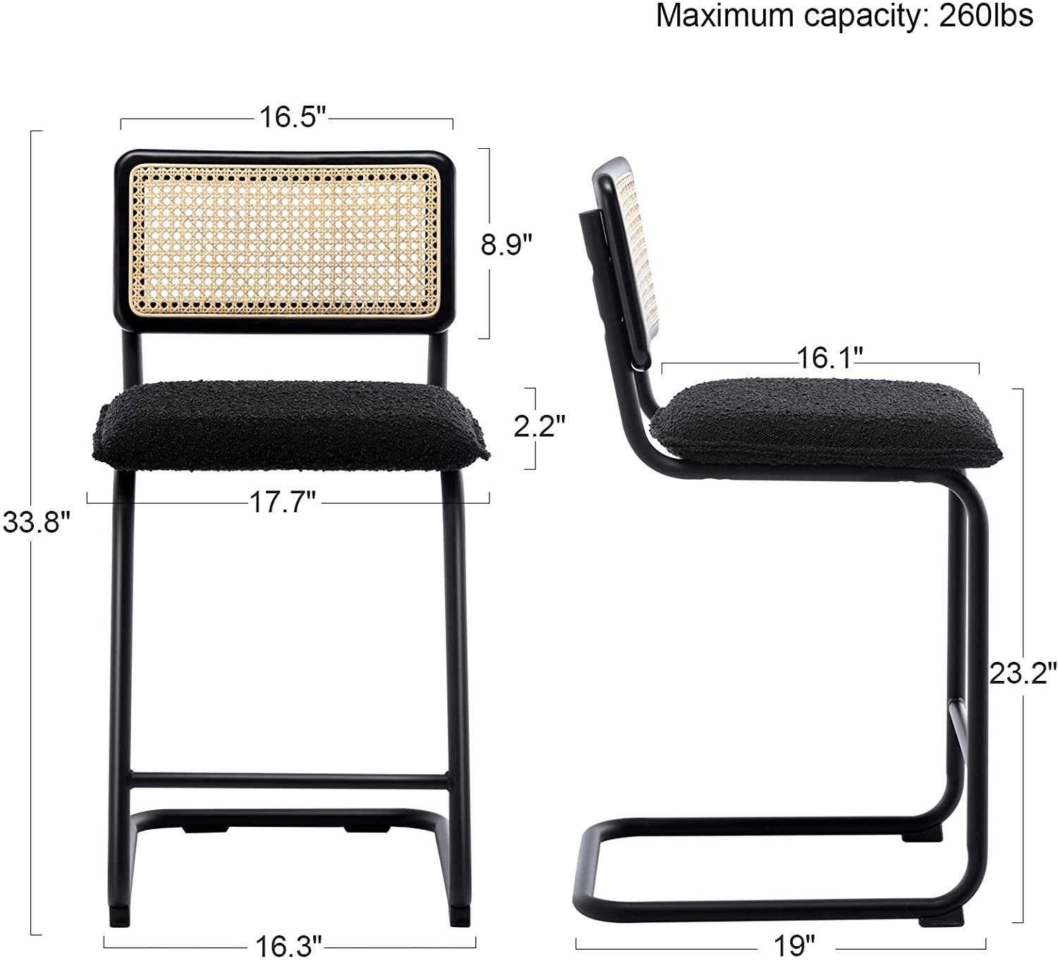 Black Boucle Rattan Counter Stool Set of 2 with Cane Backrest-2