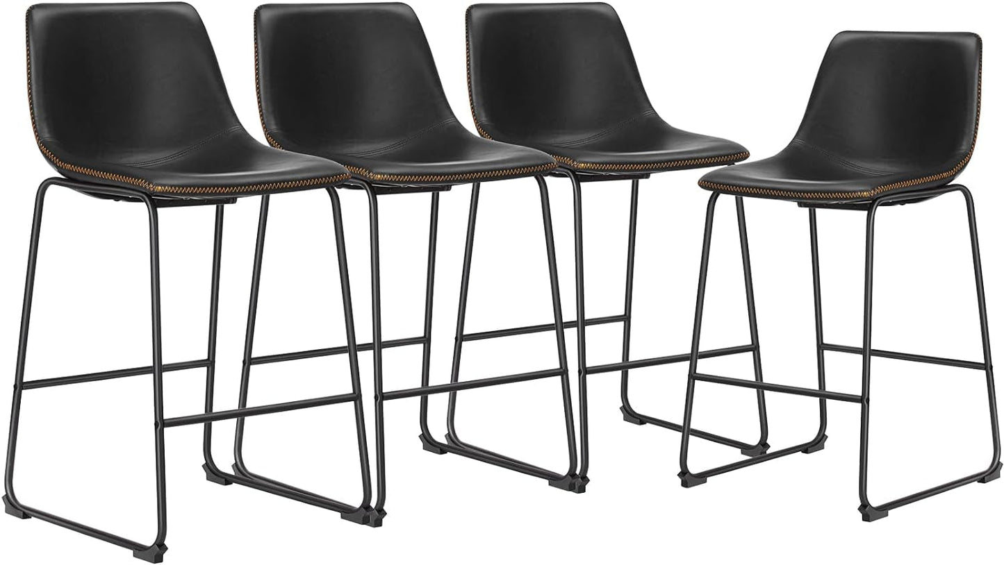 26 Inch Counter Height Bar Stools Set of 4, Modern Faux Leather High Barstools with Back and Metal Leg, Bar Chairs for Kitchen Lsland, Black-0
