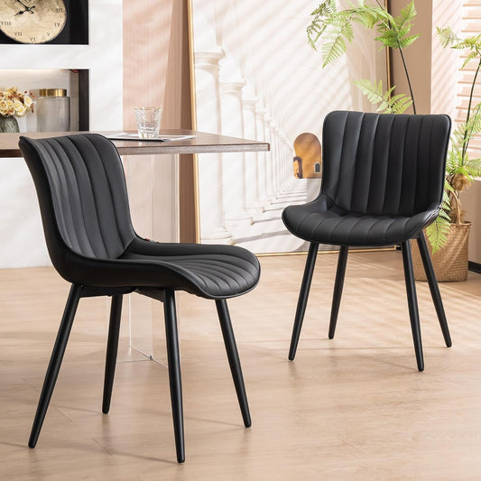 Black Dining Chairs Set of 2 Upholstered Mid Century Modern Kitchen&Dining Room Chairs Armless Faux Leather Accent Chair with Back Metal Legs Guest Waiting Reception Side Chaise Sillas-0