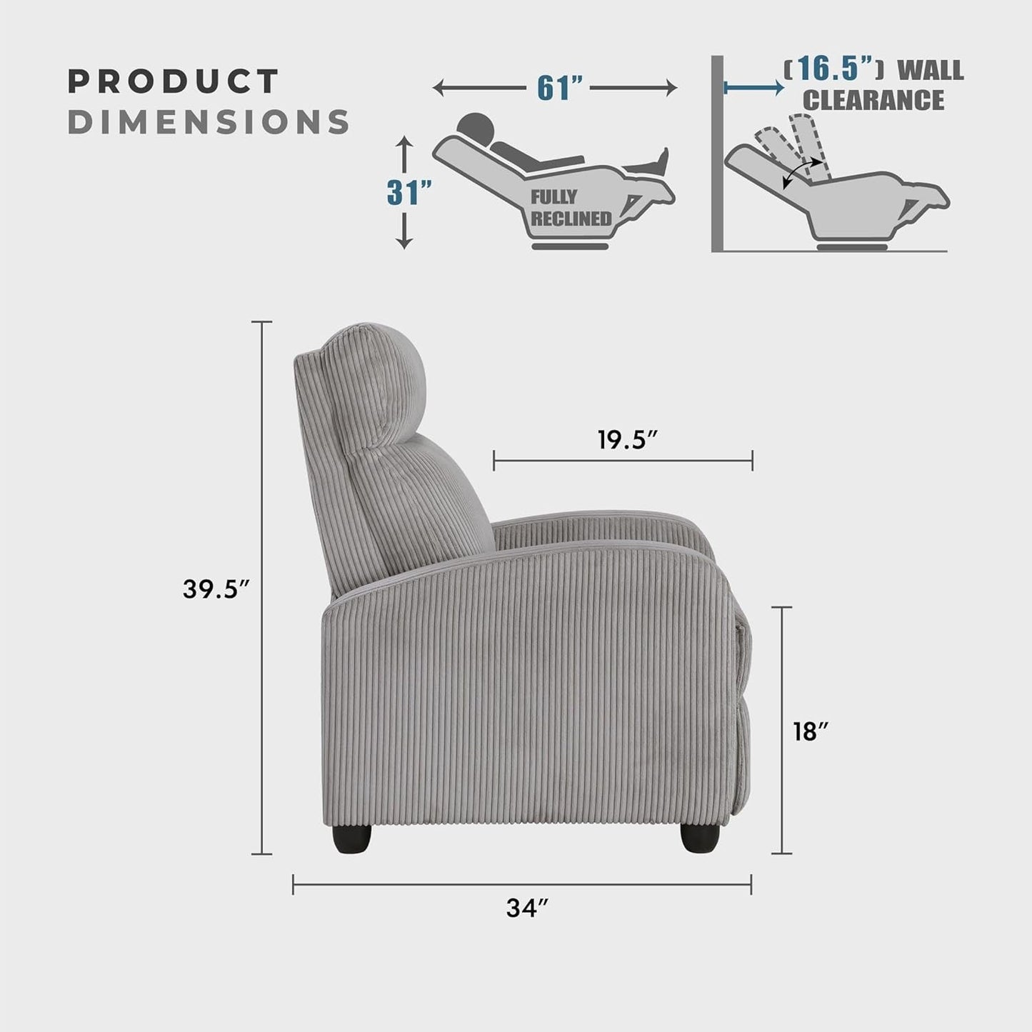 Pushback Recliner Chair Armchair Push Back Recliner, Corduroy Chair with Solid Wood Frame and Metal Seat Base, Single Sofa Accent Chair for Living Room/Office/Apartment, Light Grey-3