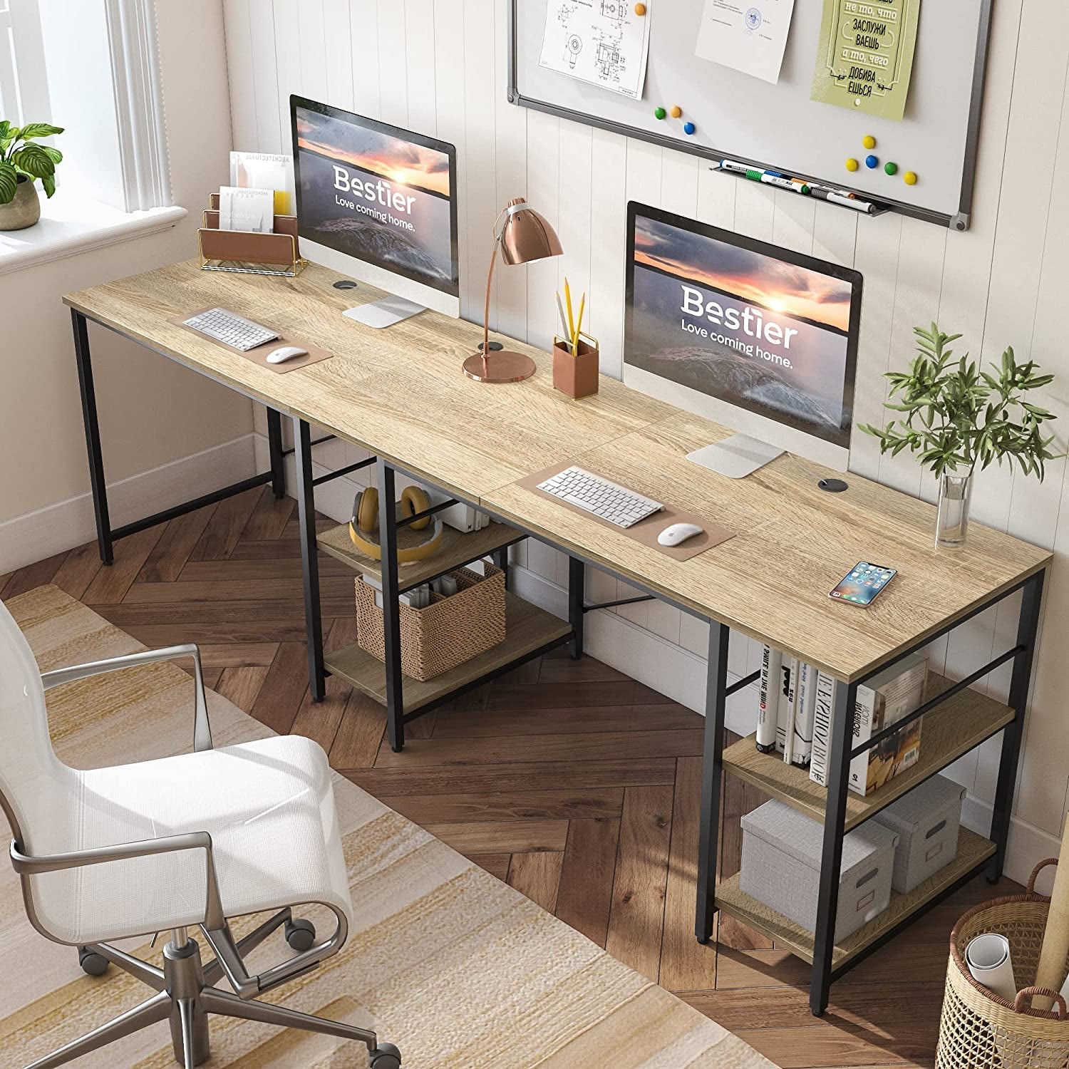 Large Oak L-Shaped Desk with Shelves-3