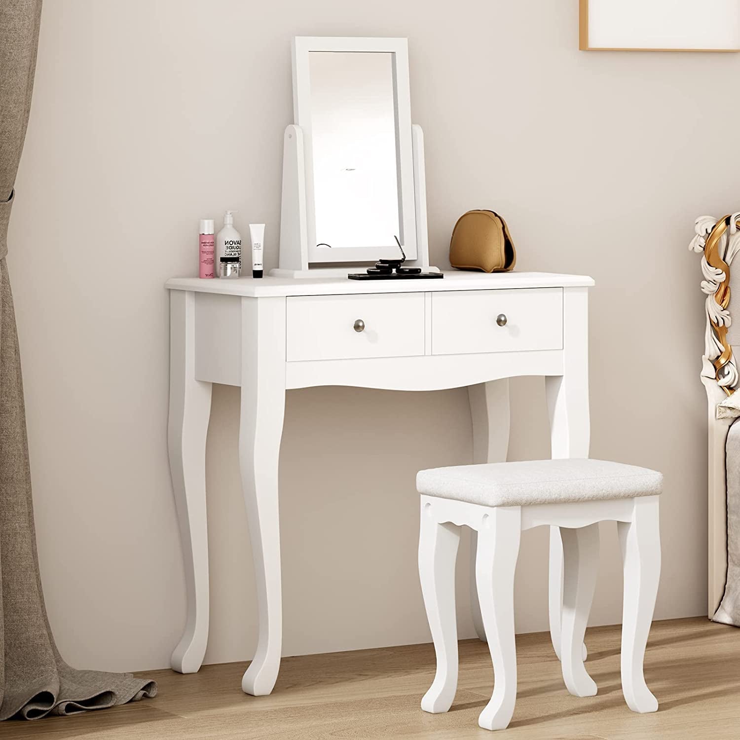 Makeup Vanity Table Set with 360° Rotation Mirror-2