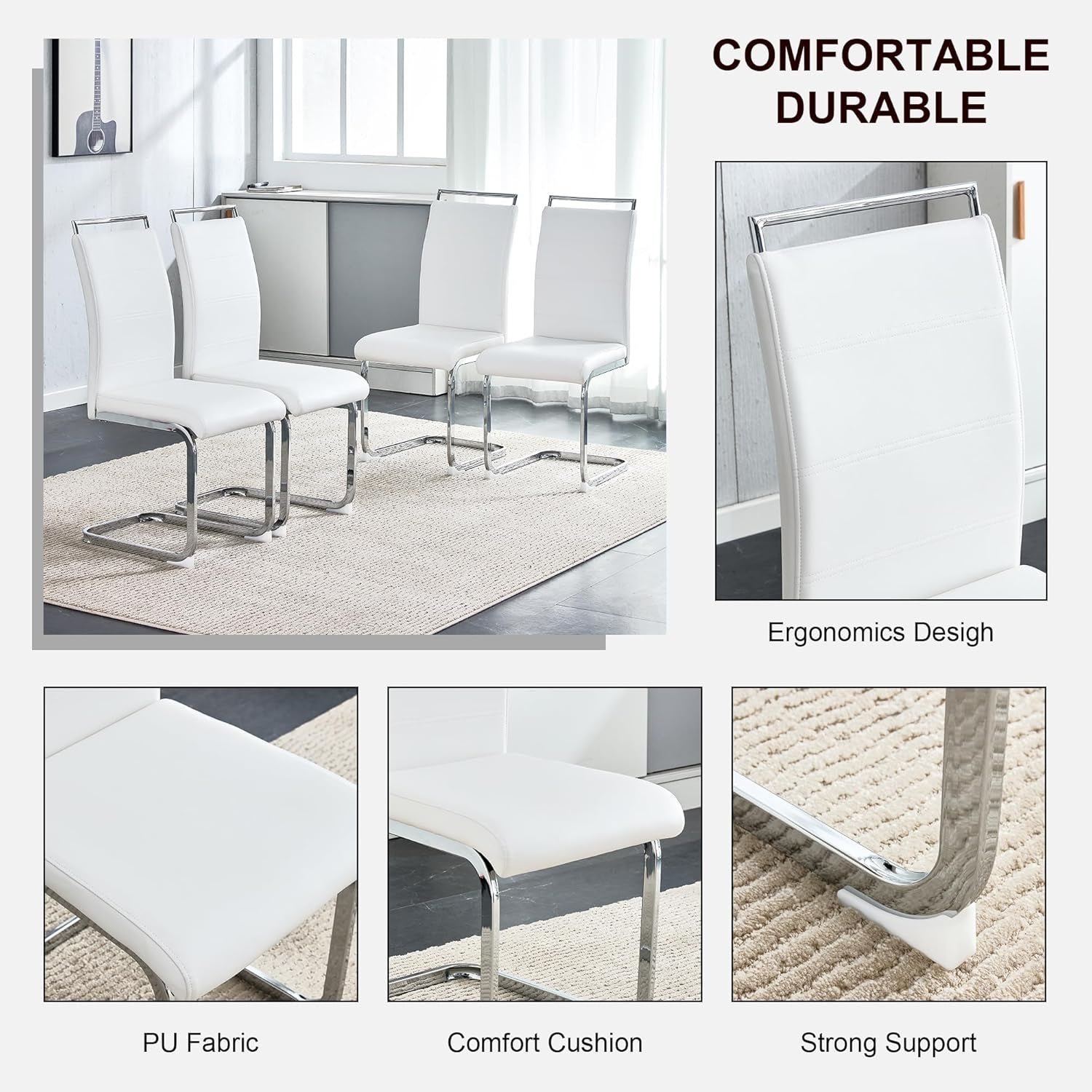 Modern Dining Chairs Set of 4, PU Faux Leather High Back Upholstered Dining Room Side Chair with Horizontal Stripe Backrest Design for Kitchen Living Room Vanity Patio Dinner Chairs, White-2