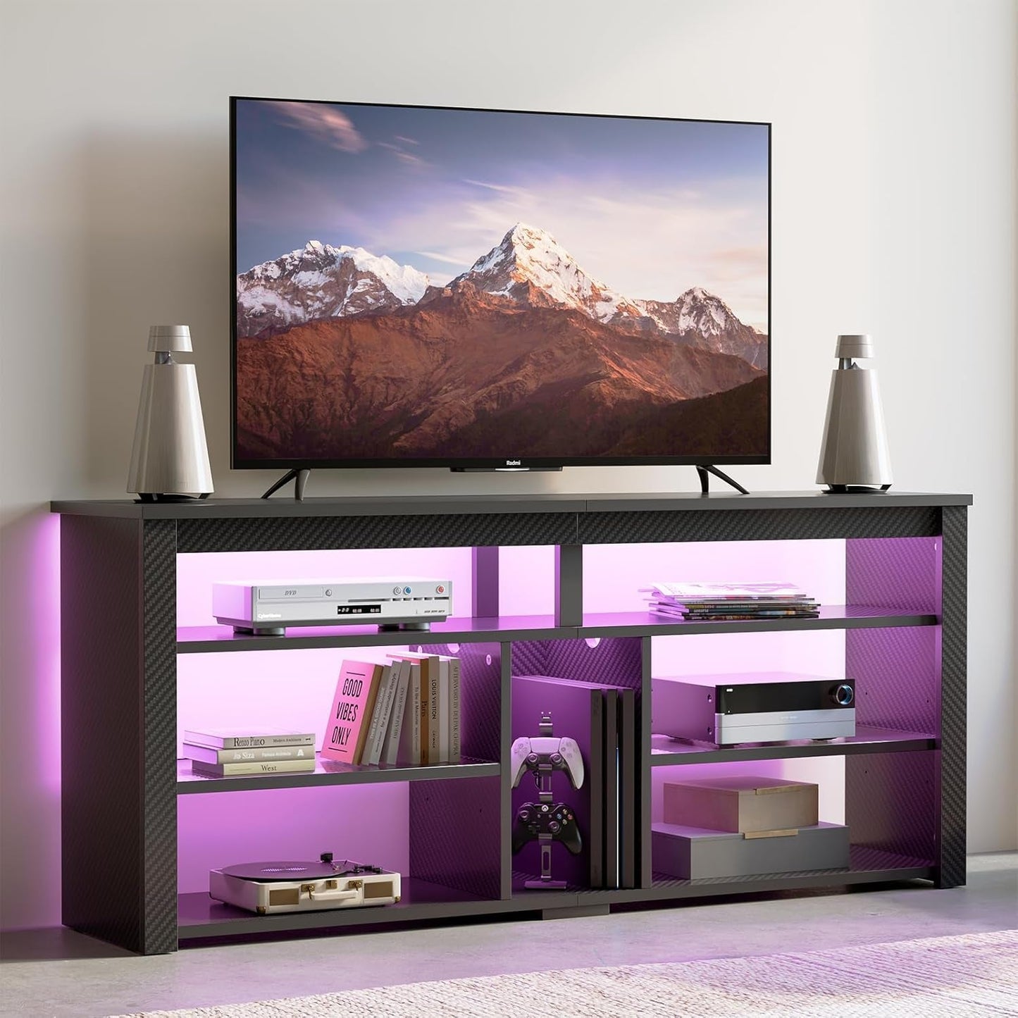 LED Tall TV Stand, Entertainment Center for 55/60/65 Inch TV, Gaming TV Console with Storage for PS5, Adjustable Shelf Modern High TV Cabinet for Living Room Bedroom, Carbon Fiber Black-0
