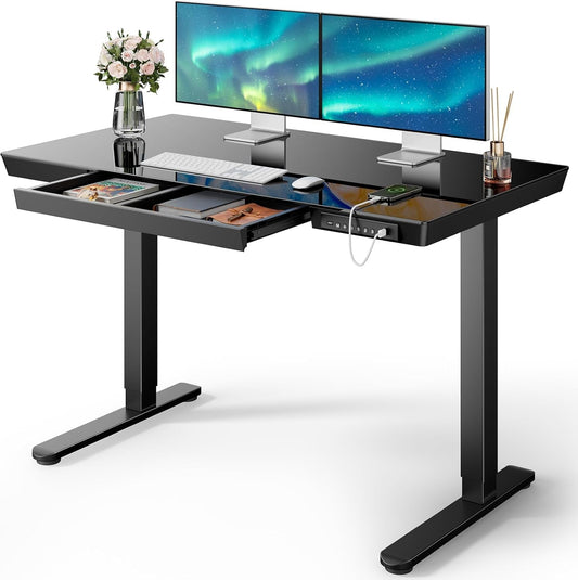 Glass Standing Desk with Drawer, 48 X 24 Inch Electric Standing Desk, Height Adjustable Desk with One-Piece Tabletop & USB Charging Ports, Sit Stand Desk with Storage for Home & Office Black-0