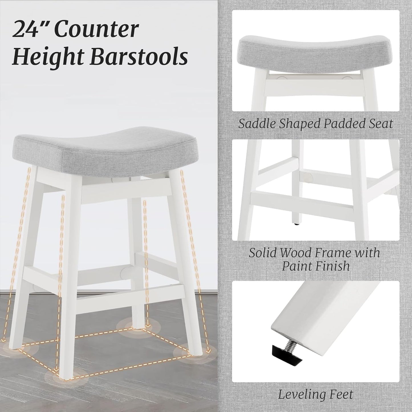 Bar Stools Set of 2, Barstools with Sturdy Wood Legs, Saddle Seat Counter Height Bar Stools for Kitchen Counter, Bar, Dining, 24 Inch Farmhouse Counter Stools, Light Gray-3