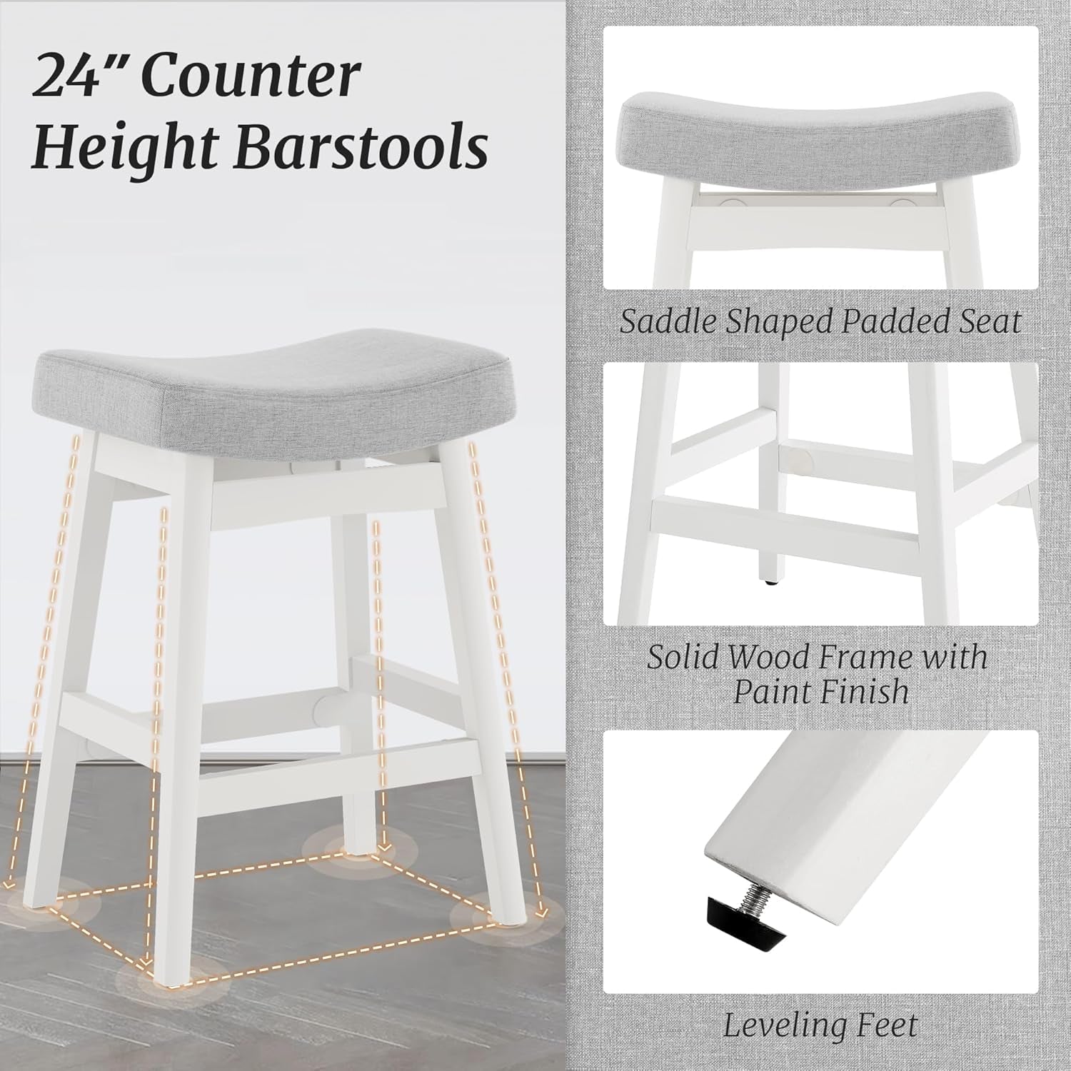 Bar Stools Set of 2, Barstools with Sturdy Wood Legs, Saddle Seat Counter Height Bar Stools for Kitchen Counter, Bar, Dining, 24 Inch Farmhouse Counter Stools, Light Gray-3