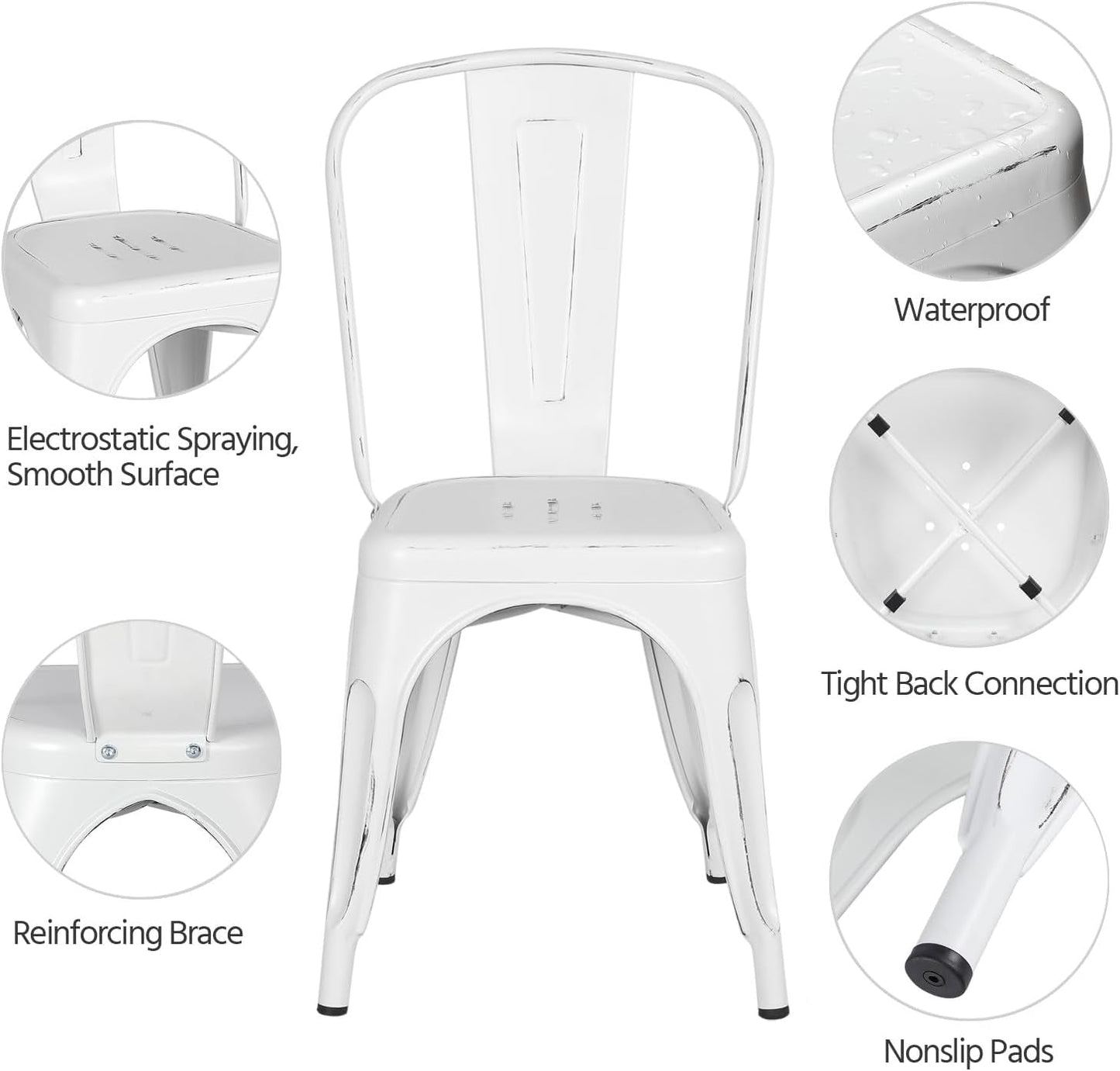 Metal Kitchen Dining Chairs Indoor-Outdoor Distressed Style Stackable Side Coffee Chairs in Distressed White, Set of 4-3