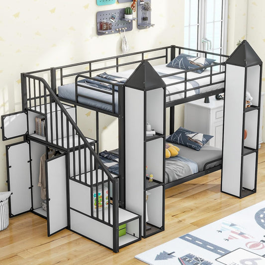 Twin Size Bunk Bed, Castle Shaped Metal Bed Frames with Wardrobe and Multiple Storage, Safety Guardrail. for Teens Boys, Black-0