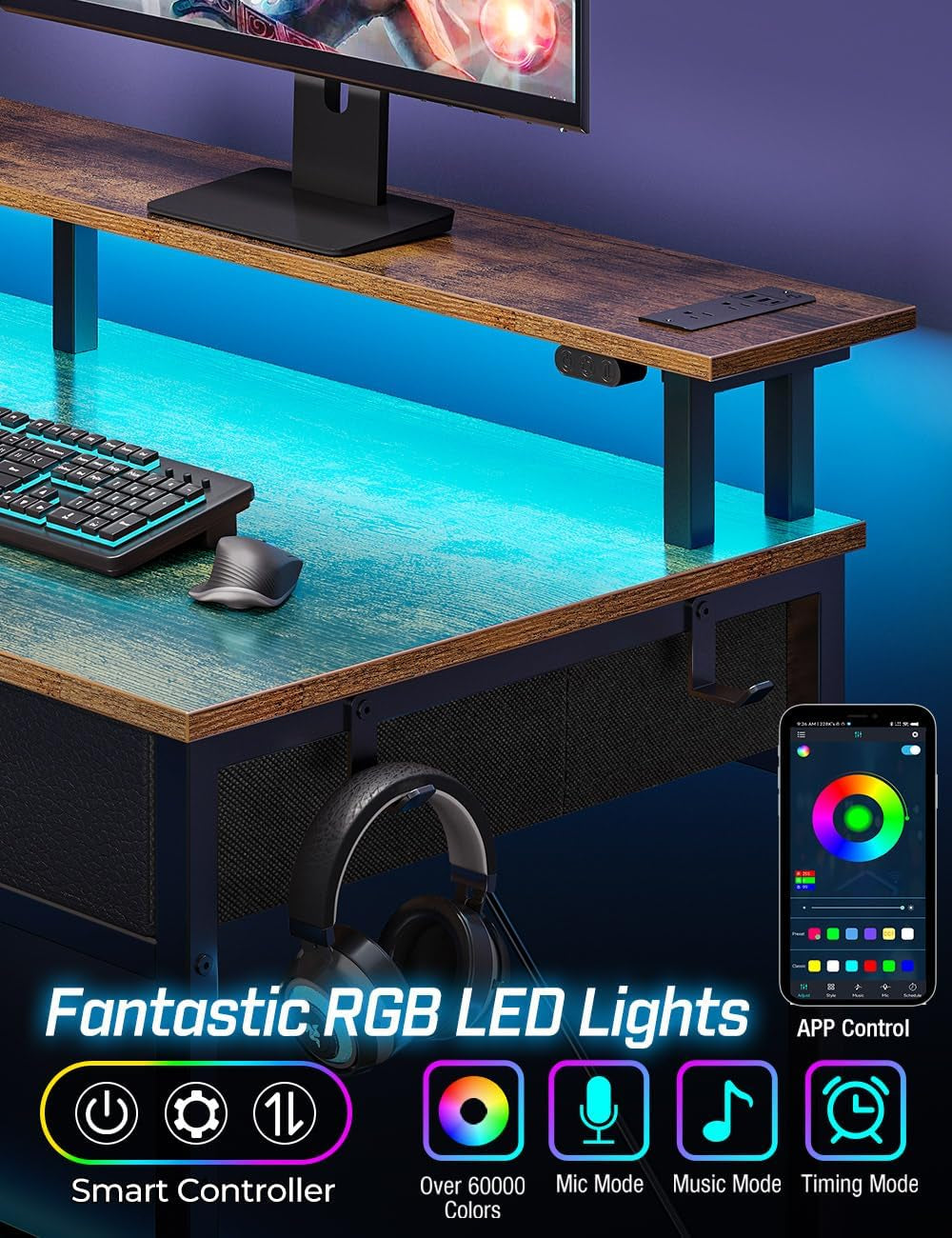 Computer Desk with Power Outlets & LED Light, 47 Inch Home Office Desk with 3 Drawers and Storage Shelves, Writing Desk with Monitor Stand, Work Study Desk for Home Office,Rustic Brown-3