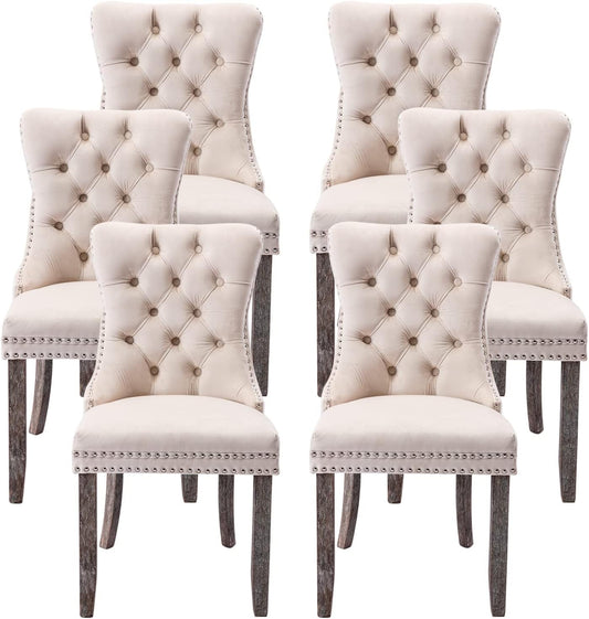 Beige Velvet Ring Pull Trimmed Dining Chairs Set of 6-0