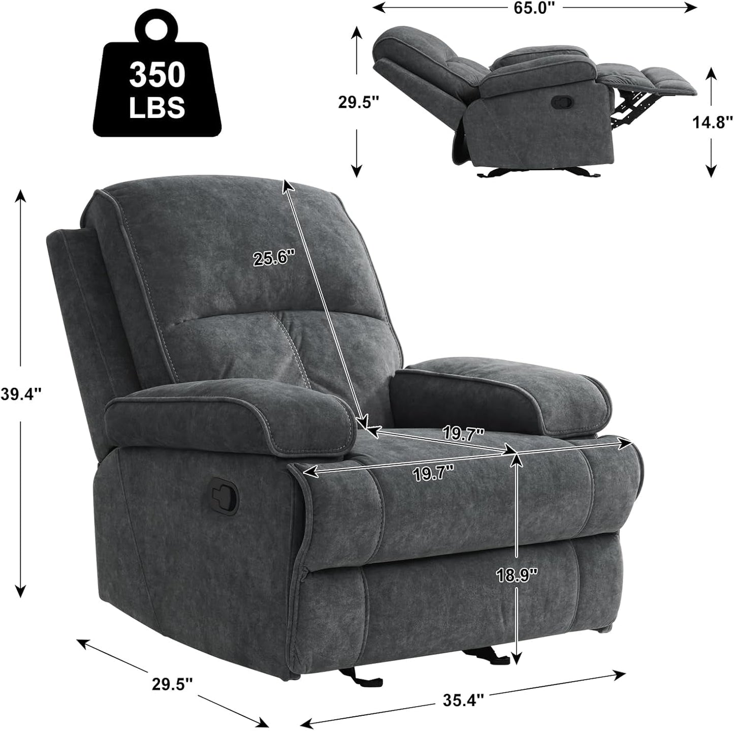 Rocker Recliner Chair for Adults, Manual Glider Chair for Nursery, Reclining Single Sofa Chair for Living Room, Upholstered Fabric Armchair, High Back, Deep Seat, Dark Grey-1