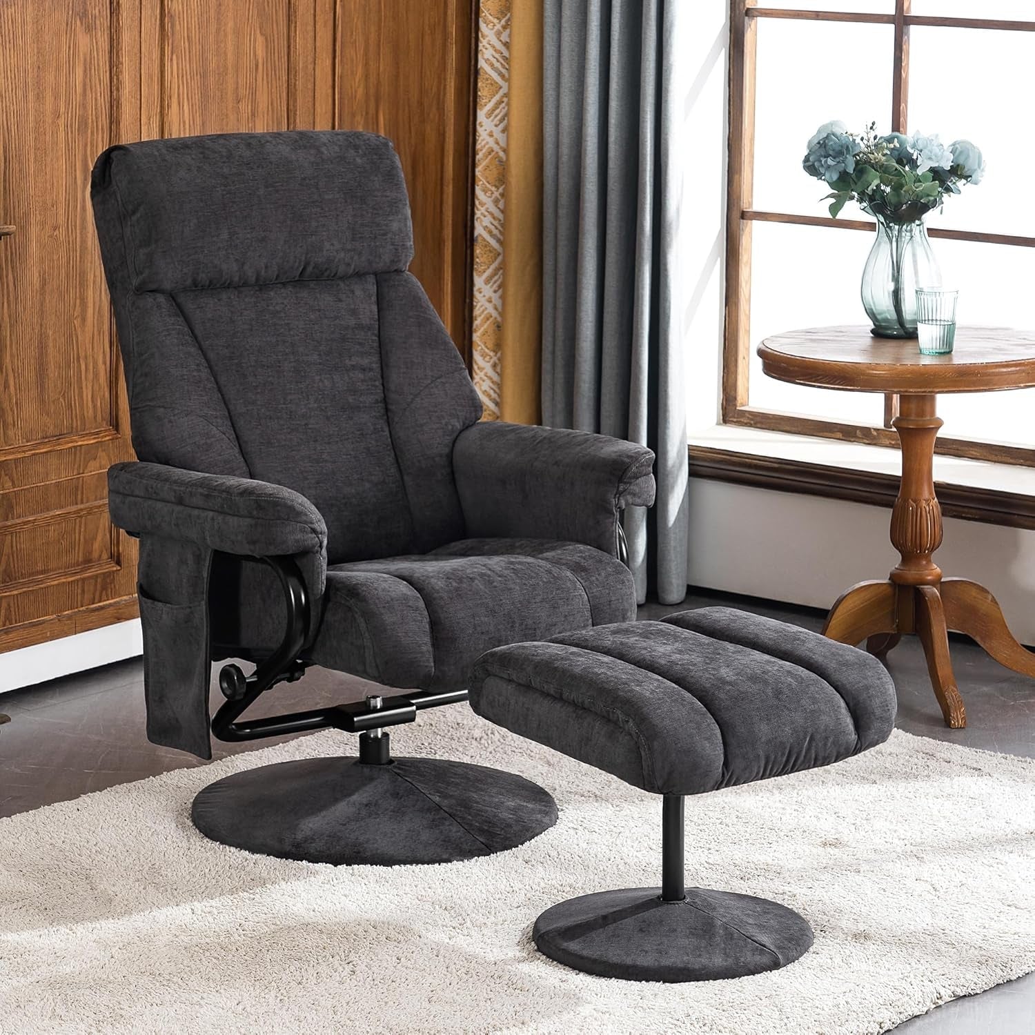 Swivel Recliner with Ottoman, TV Chair with Vibration Massage, Ideal for RV Small Space, Living Room & Bedroom 4539 4828 (Textile, Dark Grey)-3