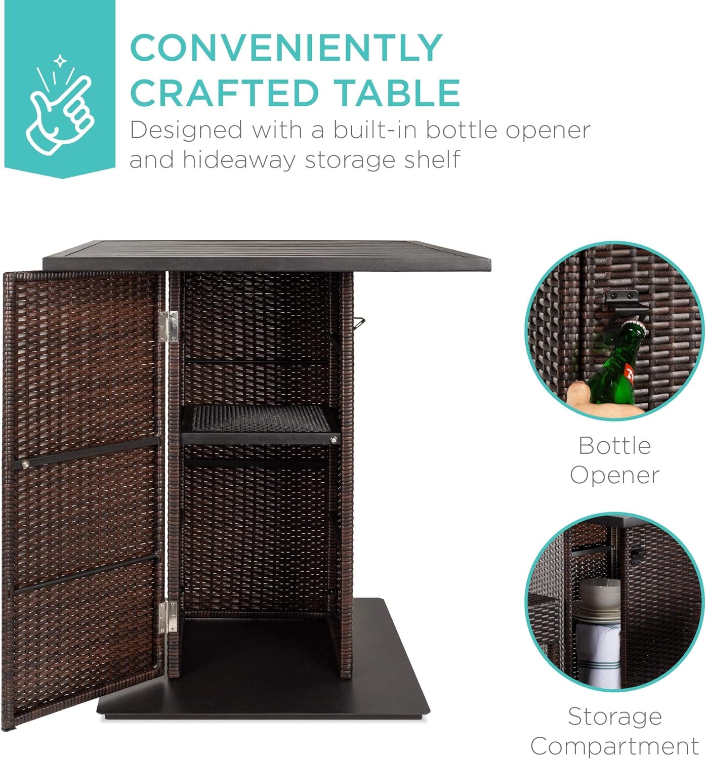 5-Piece Outdoor Wicker Bar Table Set for Patio, Poolside, Backyard W/Built-In Bottle Opener, Hidden Storage Shelf, Metal Tabletop, 4 Stools - Brown-1