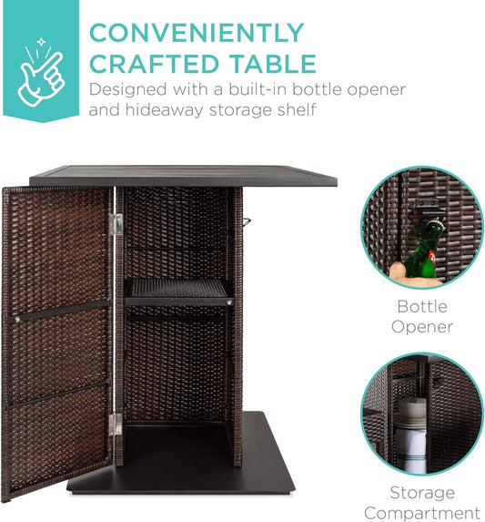 5-Piece Outdoor Wicker Bar Table Set for Patio, Poolside, Backyard W/Built-In Bottle Opener, Hidden Storage Shelf, Metal Tabletop, 4 Stools - Brown-1