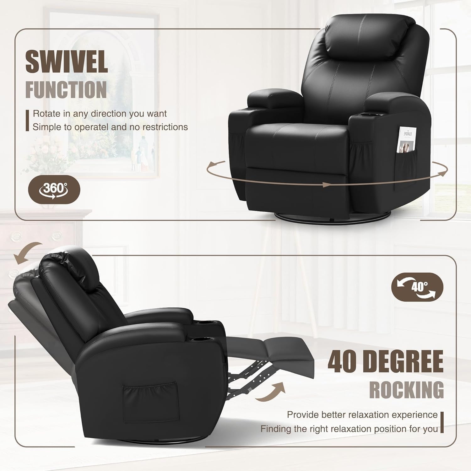 Recliner Chair, Rocking Massage Chairs, Home Reclining Sofa Chair, PU Leather, Ergonomic Living Room Chair with Cup Holders, Remote Control (Black)-3