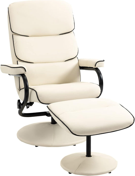 Recliner Chair with Ottoman, PU Leather Swivel High Back Armchair W/Footrest, 135° Adjustable Backrest and Thick Foam Padding, Cream White-0