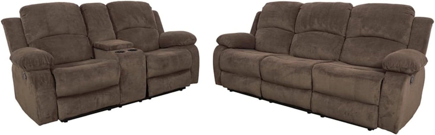 Recliner Sofa Set for Living Room Furniture Set, Reclining Sofa and Loveseat Set for Reclinier Sofa with Drop down Table/Double Recliner Loveseat with Storage Console/Brown Velvet-0