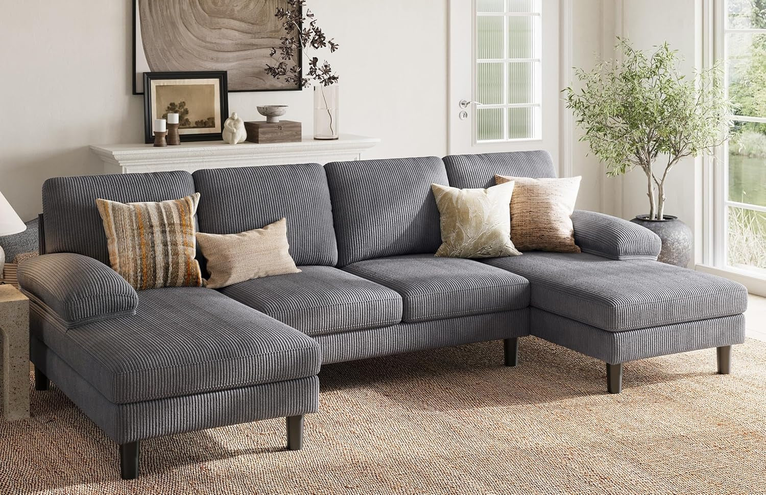 Sectional Couch, 111'' W Corduroy U Shaped Sofa with Sleepable Armrests, 4 Seat Couch with Double Chaises, Deep Sofa for Living Room, Grey-0