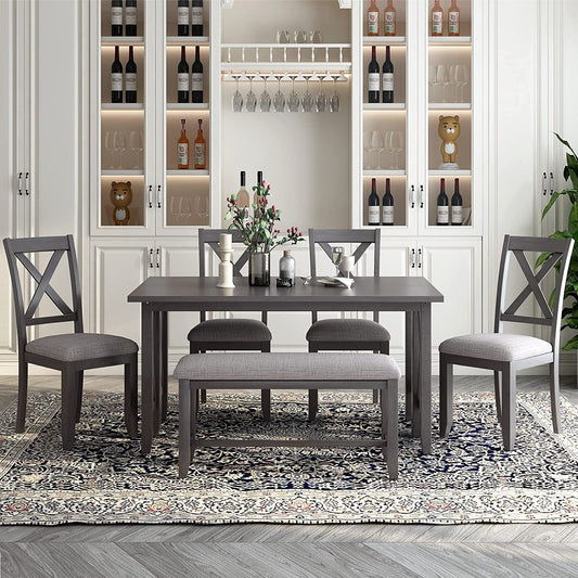 6 Piece Foldable Dining Set for 6 with Bench, Gray-0