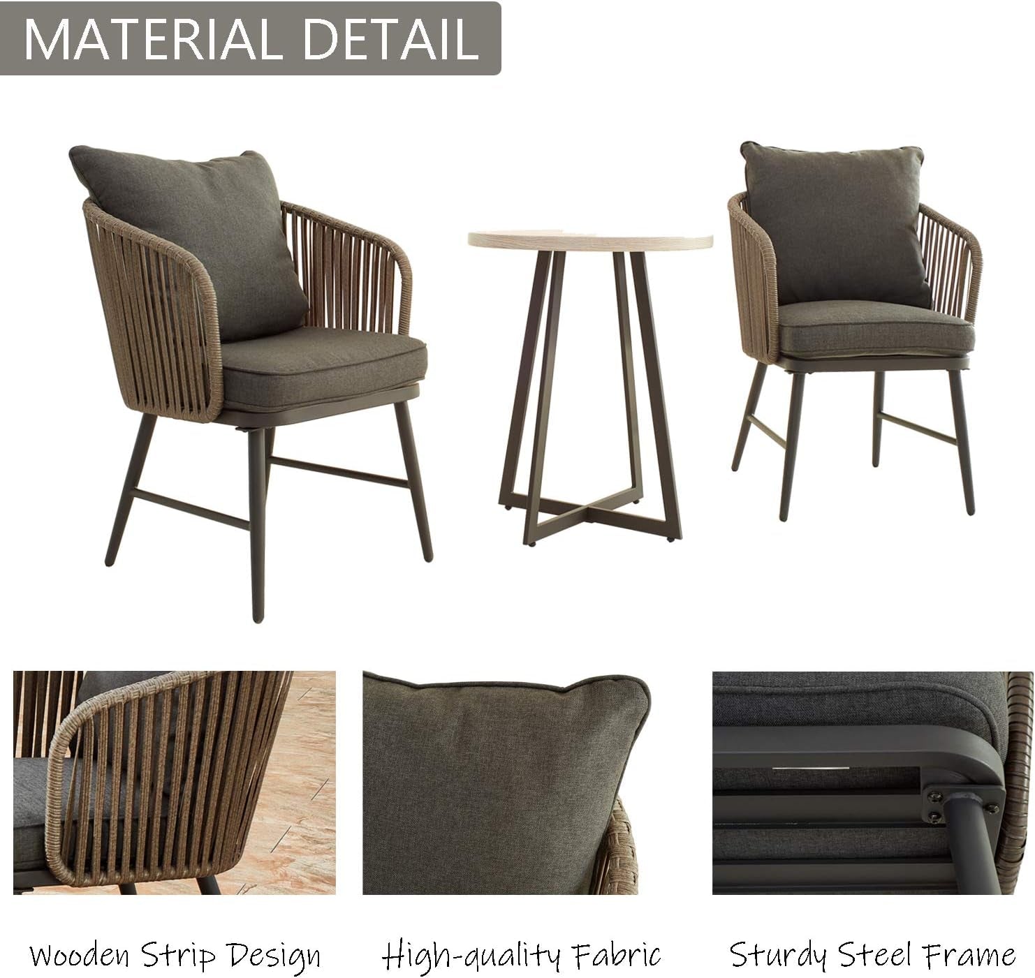 3 Piece Bistro Set Outdoor Patio Wicker Chairs and Table Metal Frame Modern Rattan Chair with Cushion and Small Coffee Table for Balcony Backyard Garden Poolside (Beige Tabletop, 3 Pcs)-3