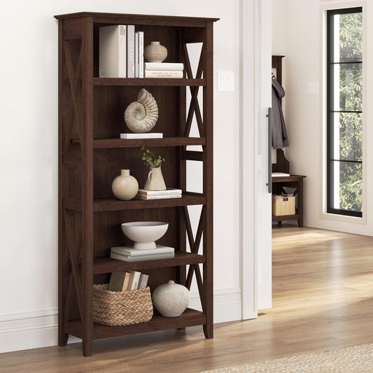 Bush Furniture Tall 5 Shelf Bookcase for Living Room or Home Office, Large Bookshelf, Modern Farmhouse Style, Key West Collection, Bing Cherry-1
