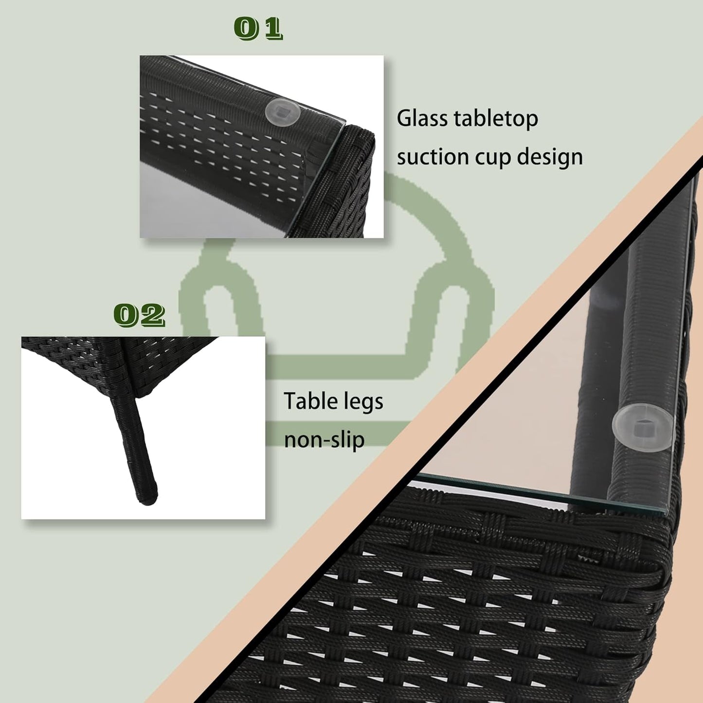 4 Pieces Patio Furniture Set Rattan outside Furniture Wicker Sofa Garden Conversation Sets with Soft Cushion and Glass Table for Yard Pool or Backyard,Black-3