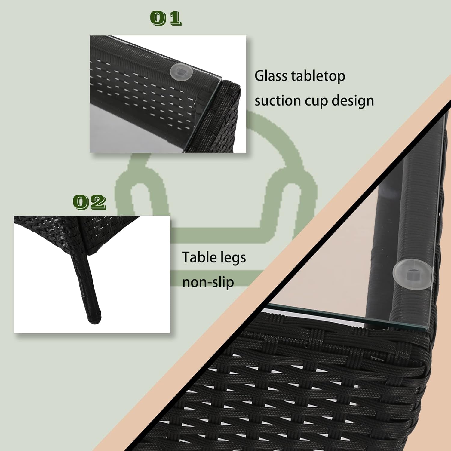 4 Pieces Patio Furniture Set Rattan outside Furniture Wicker Sofa Garden Conversation Sets with Soft Cushion and Glass Table for Yard Pool or Backyard,Black-3