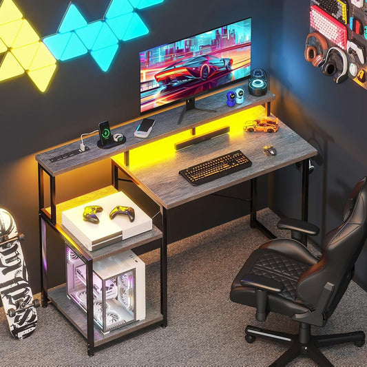 Computer Desk, 48 Inch Gaming Desk with Led Lights & Power Outlet, Office Desk with Printer Storage Shelves, Reversible Desk with Monitor Shelf & Headphone Hook, Grey Oak-1