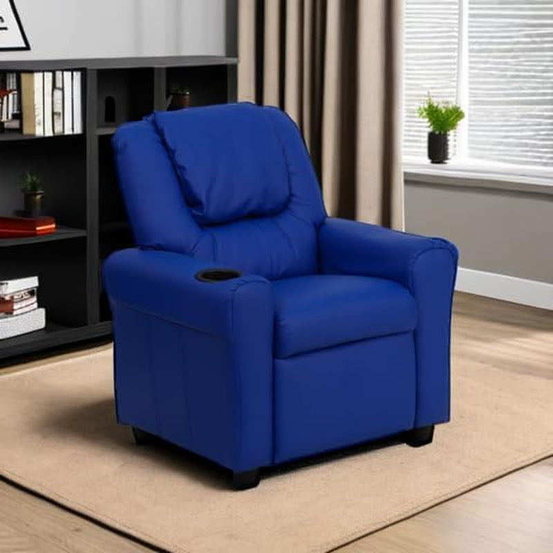Vana Vinyl Kids Recliner with Cup Holder, Headrest, and Safety Recline, Contemporary Reclining Chair for Kids, Supports up to 90 Lbs., Blue-1