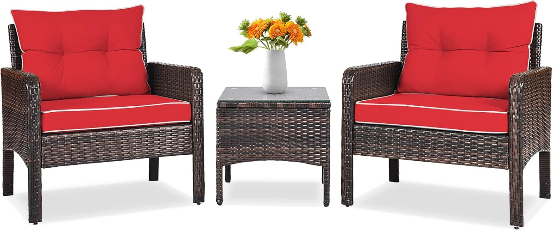 3 Piece Outdoor Patio Furniture Set, Wicker Chairs Set with Glass Top Coffee Table, Thick Cushions, All Weather Garden Lawn Poolside Backyard Porch Furniture Set for 2 (Red)-0