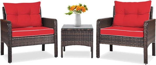 3 Piece Outdoor Patio Furniture Set, Wicker Chairs Set with Glass Top Coffee Table, Thick Cushions, All Weather Garden Lawn Poolside Backyard Porch Furniture Set for 2 (Red)-0