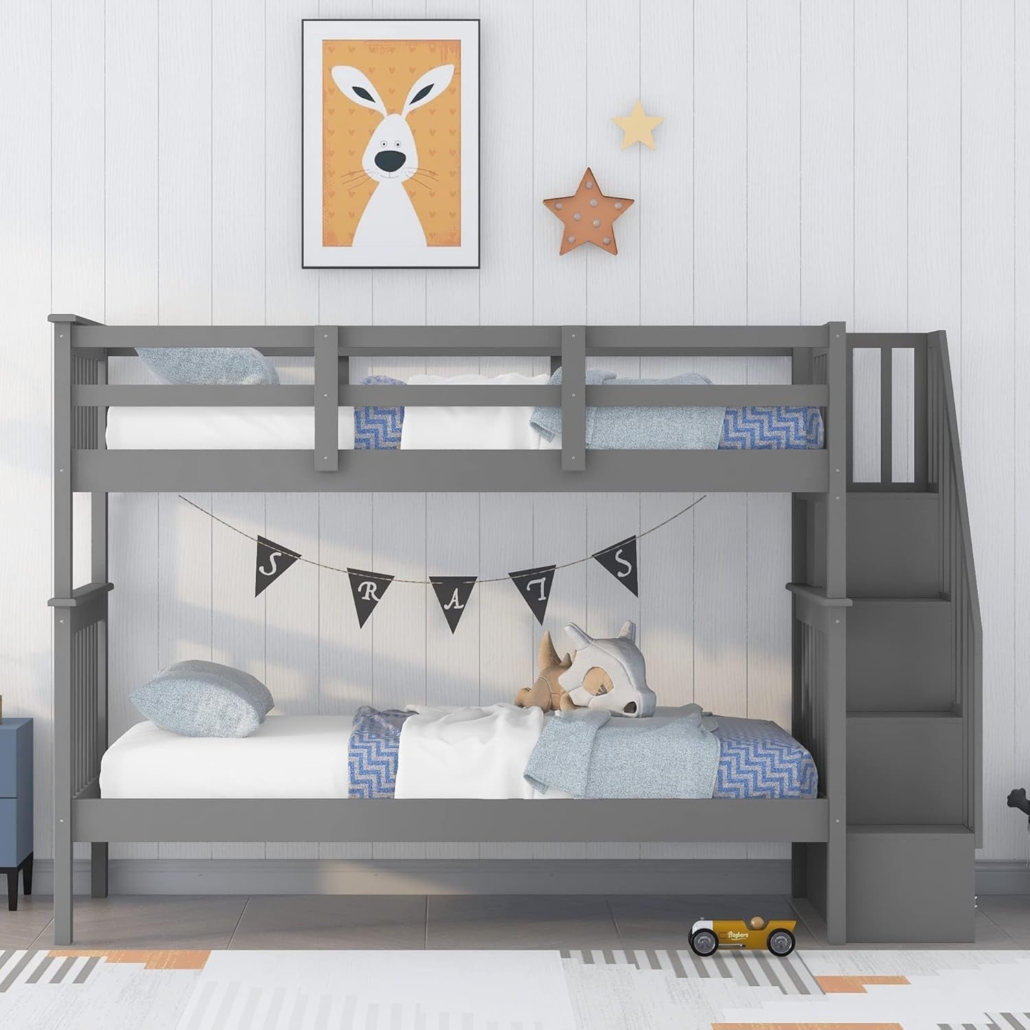 Bunk Beds Twin over Twin with Stairs, Wood Bunk Bed Frame with Storage and Guard Rail,Twin Bunk Beds for Kids, Bedroom, Dorm, Teens, Adults,Grey-2