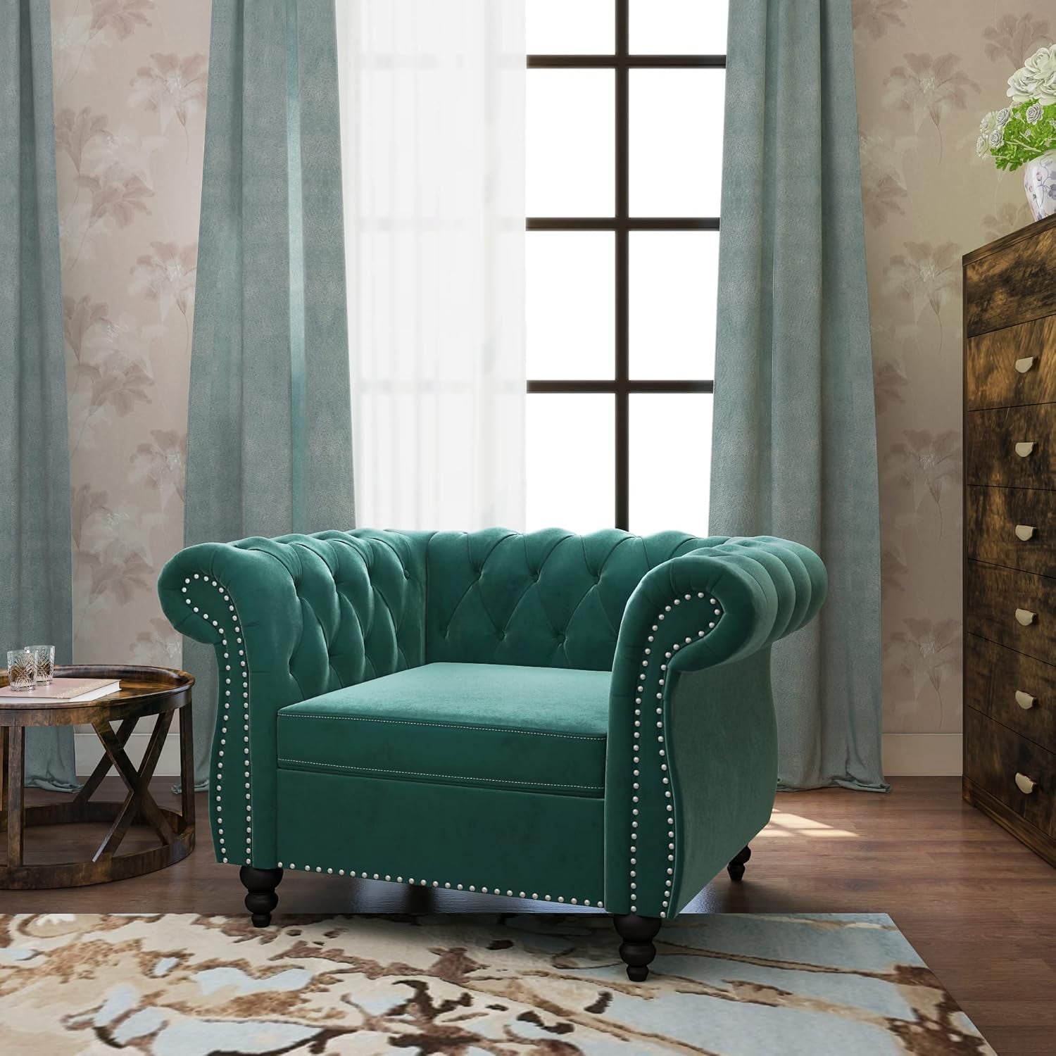 3-Piece Living Room Sectional Sofa Set, Green Velvet Couch Upholstered Sofa Modern Sofa Couches Set Style Button Tufted, Velvet Chesterfield Sofa for Living Room Apartment, 1+2+3 Seat Green-3