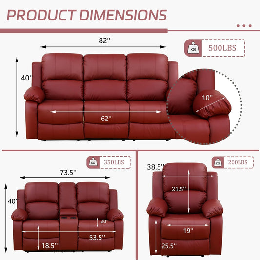 Manual Recliner Sofa Set, Bonded Leather Sofa Set Living Room Furniture, Reclining Sofa Set Leather Recliner Couch with Cup Holder/Storage Console for Living Room (3 Pieces Couch Set, Red)-1