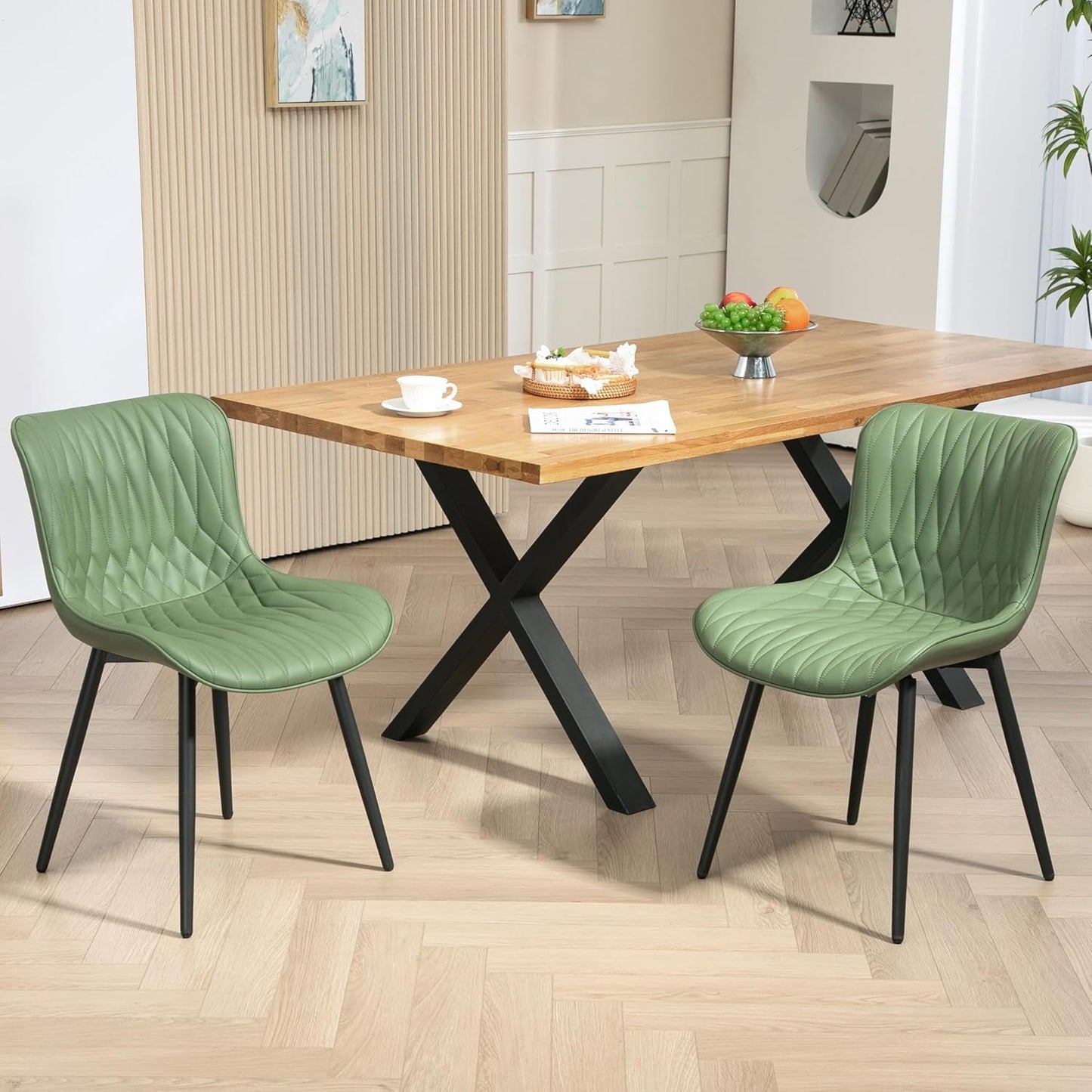 Dining Chairs Set of 2, Mid-Century Modern Upholstered Dining Chairs, Armless Faux Leather Accent Chairs with Backrest, Living Dining Room Chairs with Metal Legs for Dining Room, Green-0