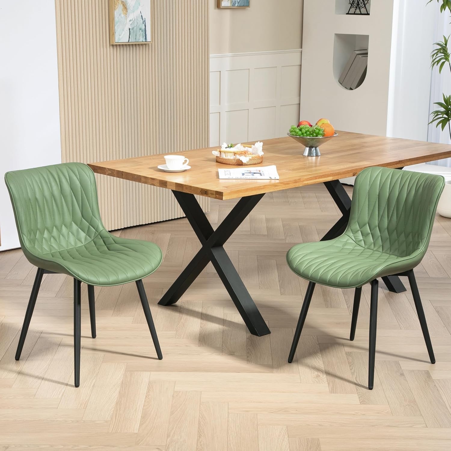 Dining Chairs Set of 2, Mid-Century Modern Upholstered Dining Chairs, Armless Faux Leather Accent Chairs with Backrest, Living Dining Room Chairs with Metal Legs for Dining Room, Green-0