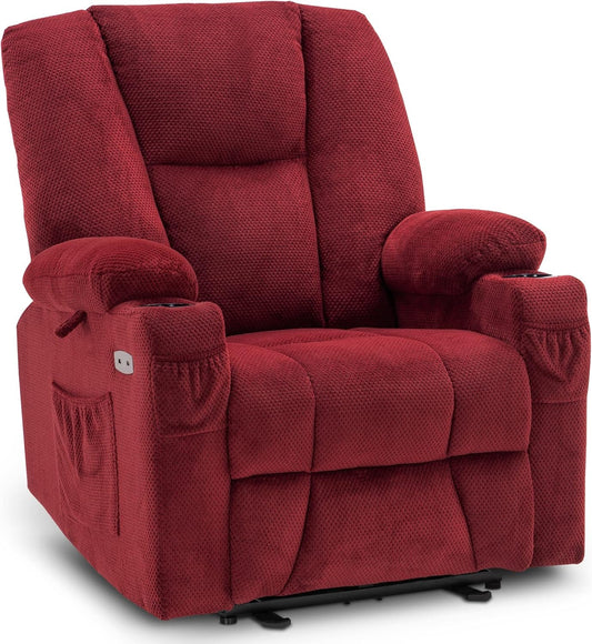 Fabric Electric Power Recliner Chair with Heat and Vibration, Cup Holders, USB Ports, Powered Reclining for Living Room 8015 (Burgundy, Single Recliner)-0