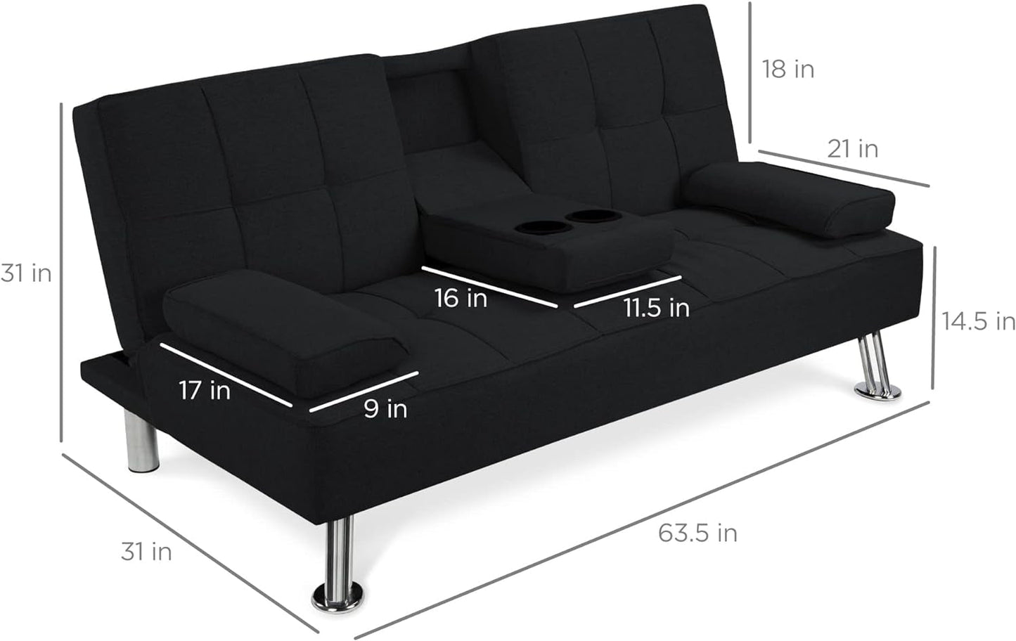 Black Linen Folding Futon Recliner with Cupholders-2