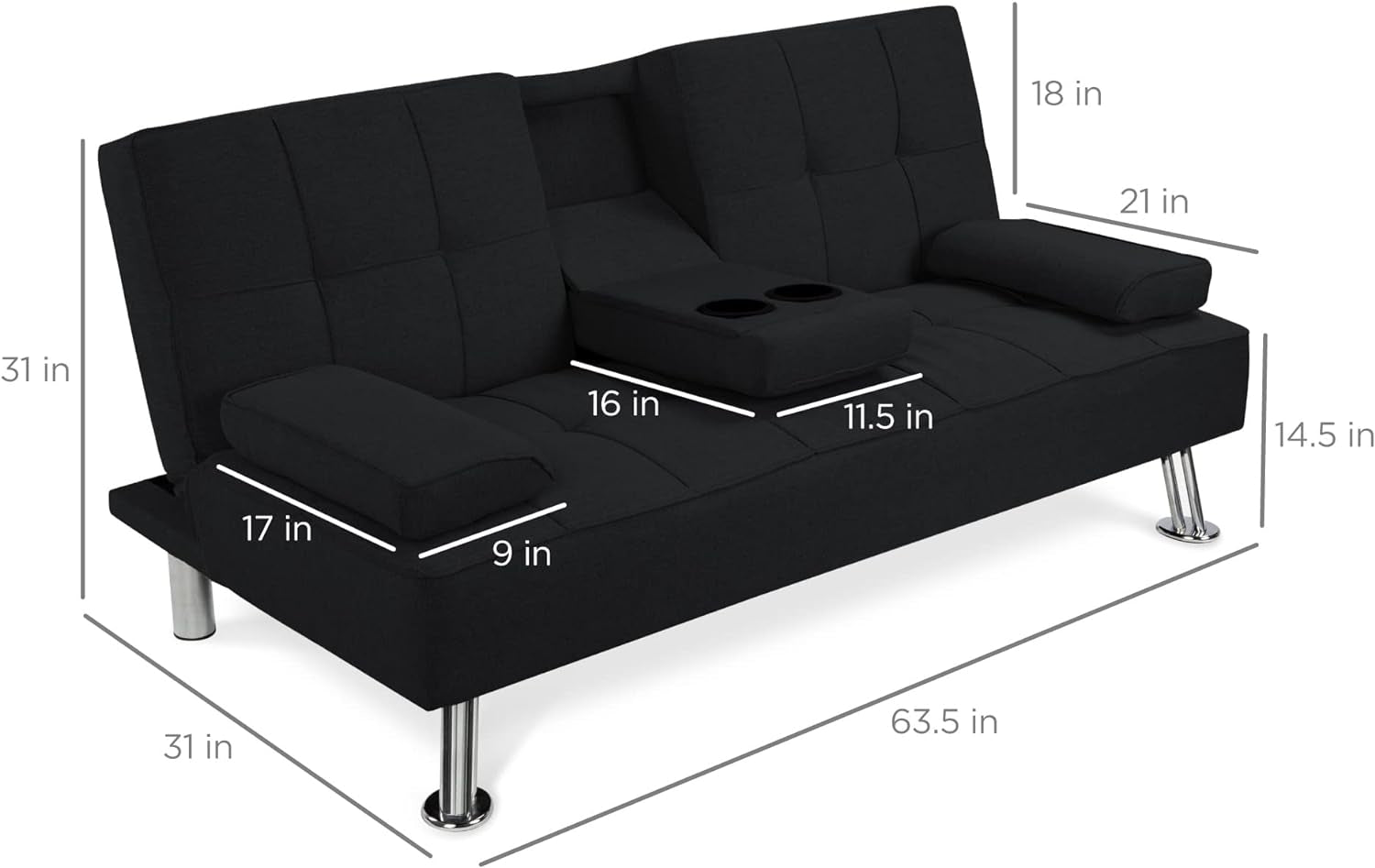 Black Linen Folding Futon Recliner with Cupholders-2